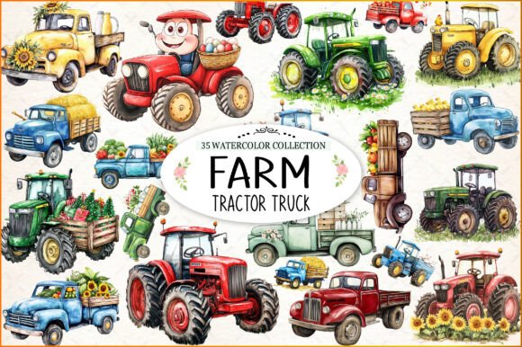 Download Farm Tractor Truck Watercolor Clipart - Premium Bundle