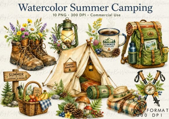 Download Watercolor Summer Camping Adventure PNG - Summer Collection